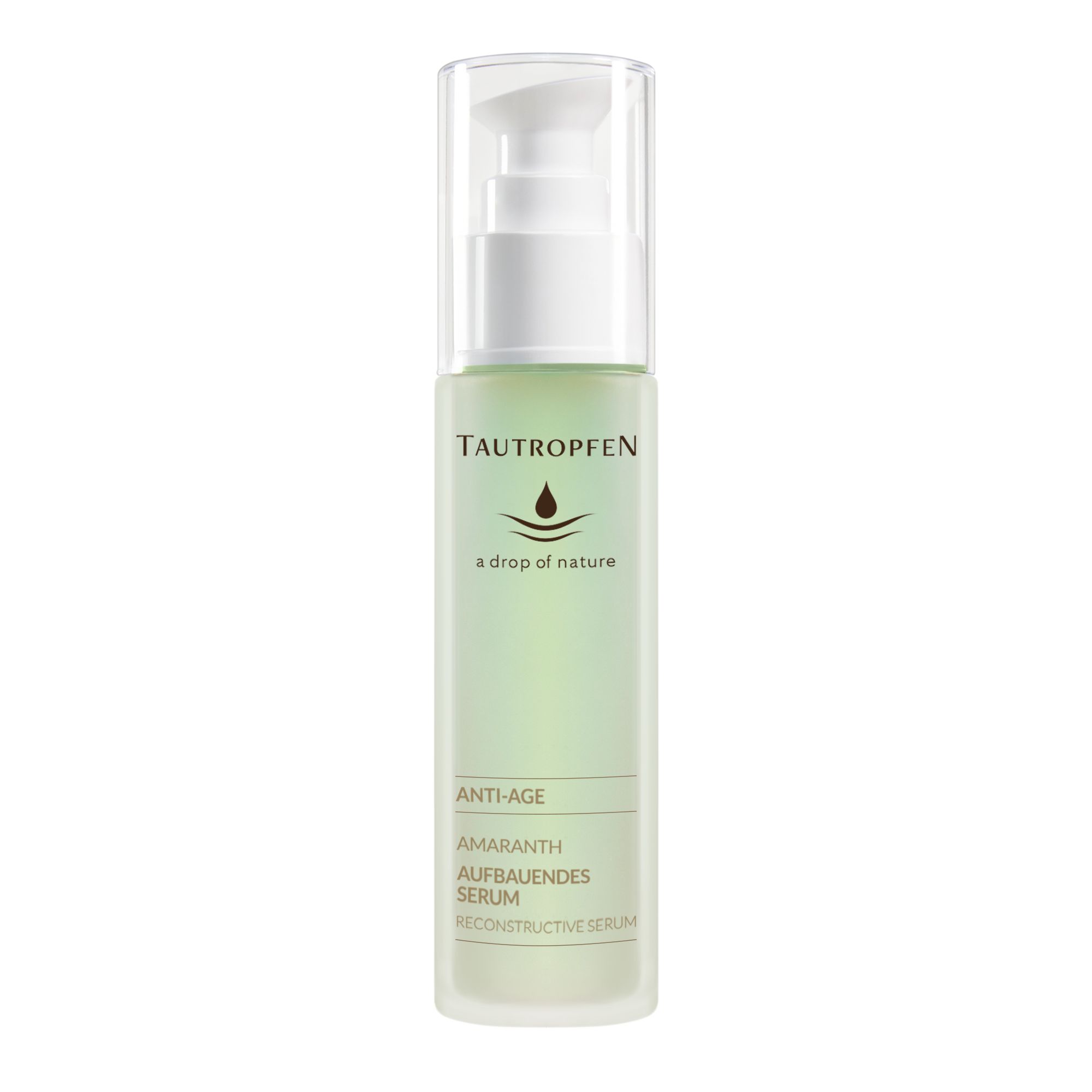 Gesichtsserum-Flasche mit Pumpverschluss. Grünliche Flüssigkeit sichtbar. Beschriftung: TAUTROPFEN, Anti-Age, Aufbauendes Serum.
