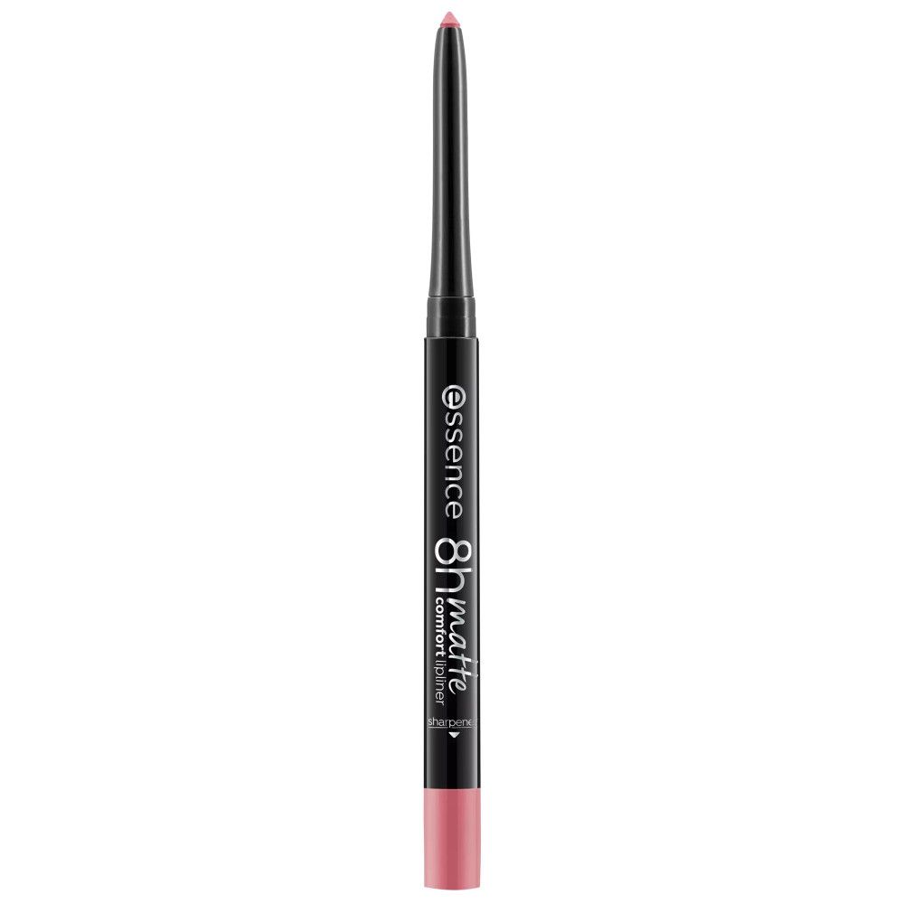 Lippenstiftstift mit schwarzem Gehäuse und rosa Spitze. Aufschrift: essence 8h matte comfort lipliner.