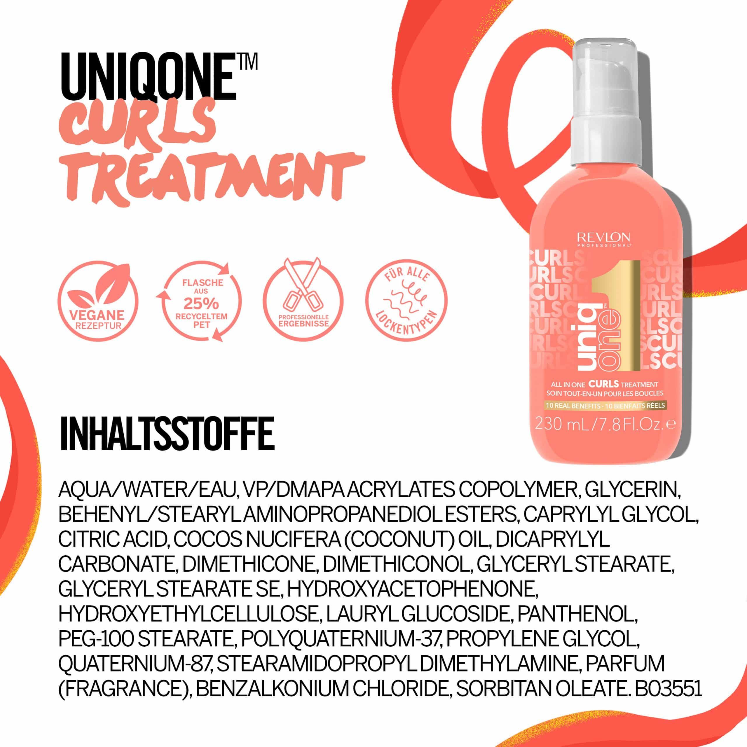 Produktflasche mit Inhaltsstoffen. Text: UniqOne Curls Treatment. Vegan, 25% recyceltes PET. Inhaltsstoffe.