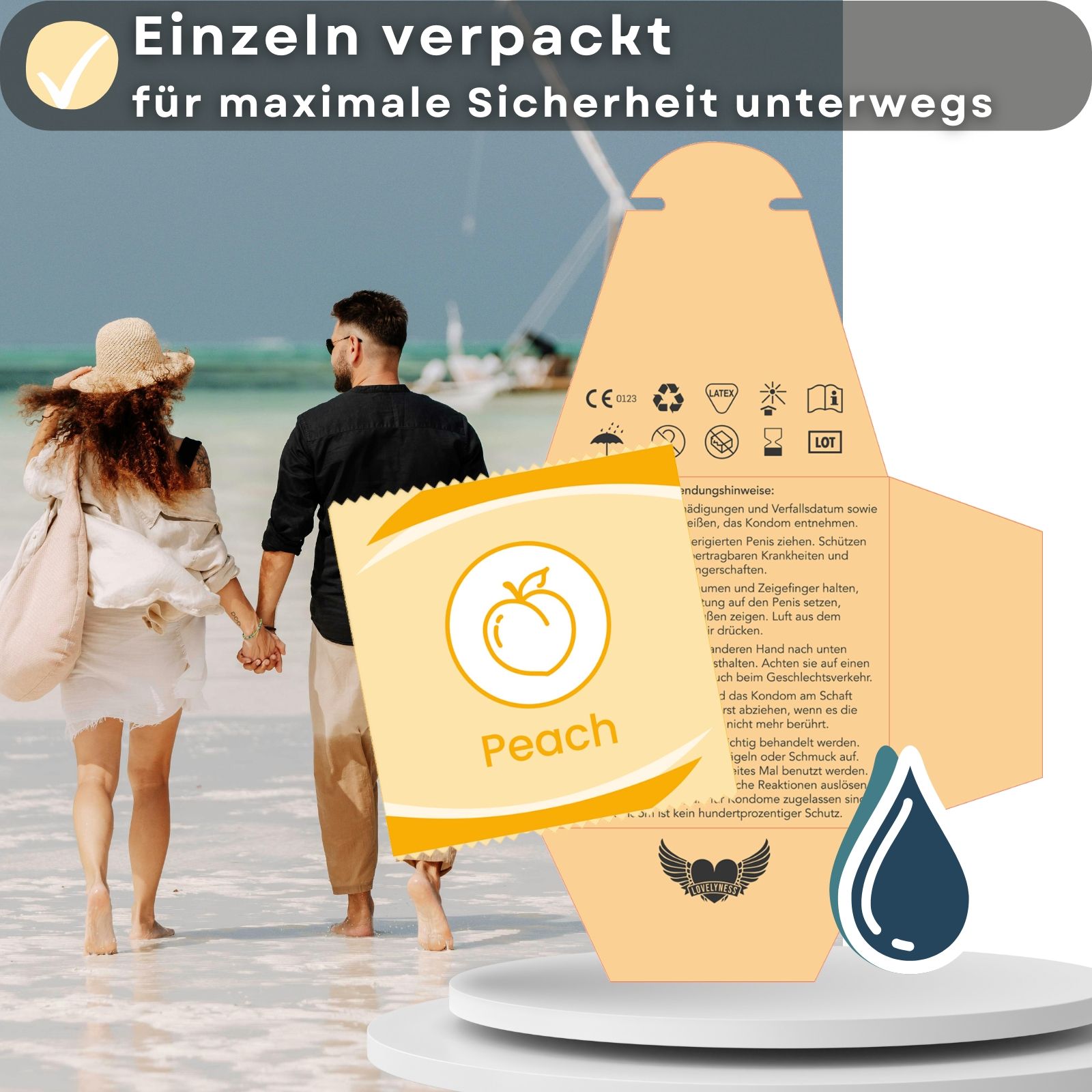 Kondom-Verpackung und Kondom. Text: Einzeln verpackt, für maximale Sicherheit unterwegs. Logo: Peach.