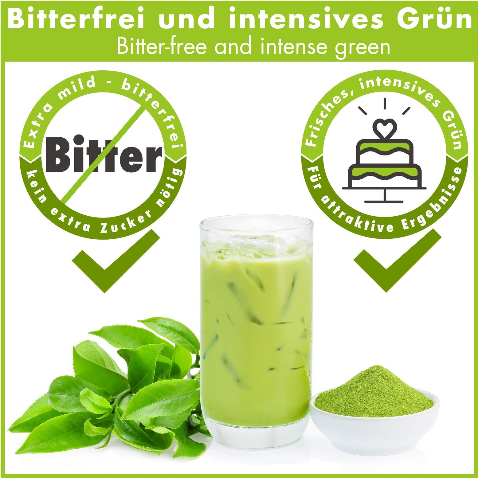 Glas mit Matcha-Getränk, Schale mit Pulver, Blätter. Text: Bitterfrei und intensives Grün. Symbole: kein Zucker, attraktive Ergebnisse.