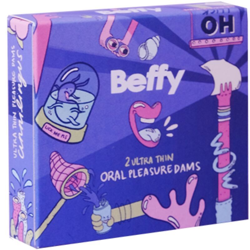 Beffy-Verpackung, Ansicht von vorne. Enthält zwei Ultra Thin Oral Pleasure Dams. Illustrationen und Text.