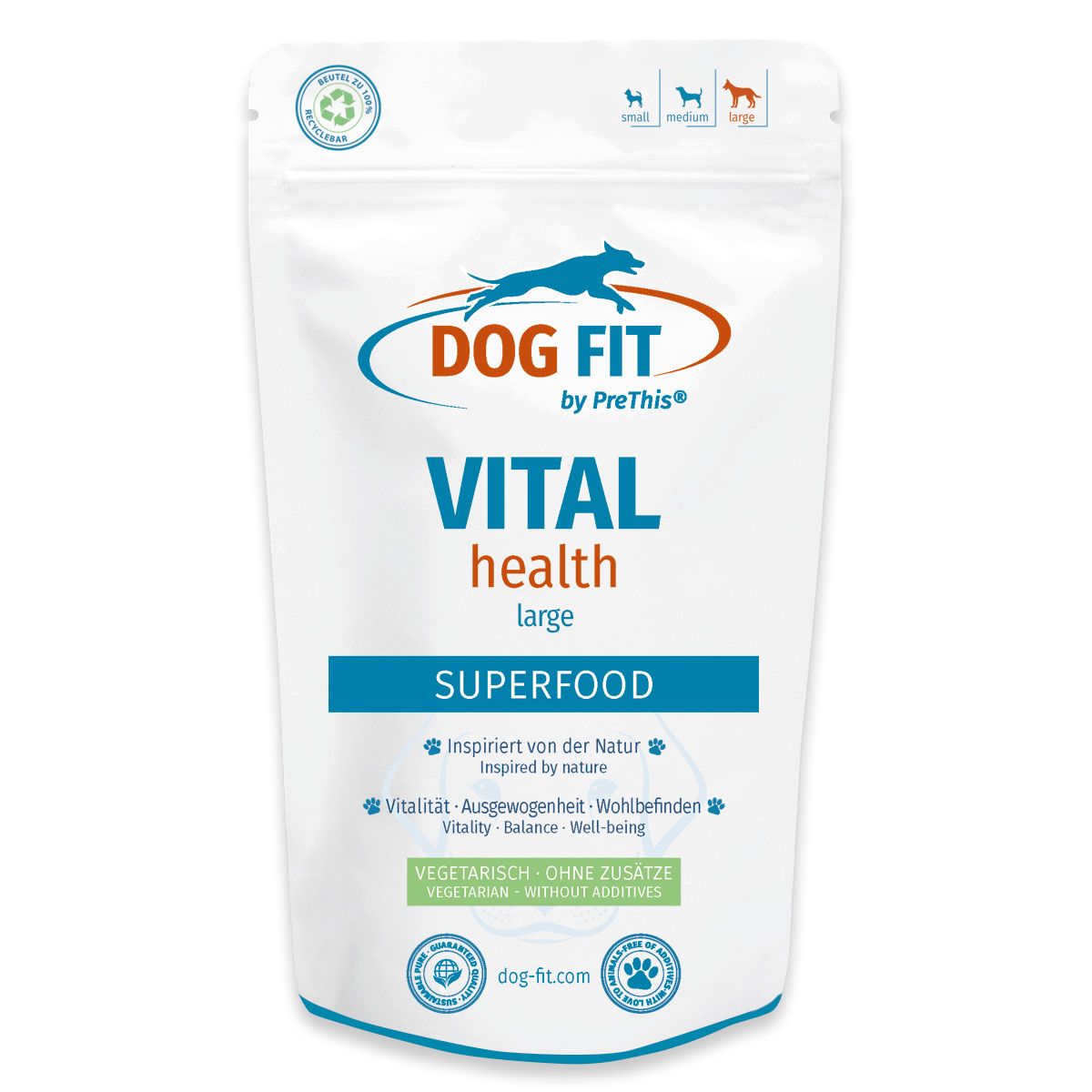Produktverpackung DOG FIT VITAL health large. Text: SUPERFOOD. Inspiriert von der Natur. Vegetarisch - ohne Zusätze.