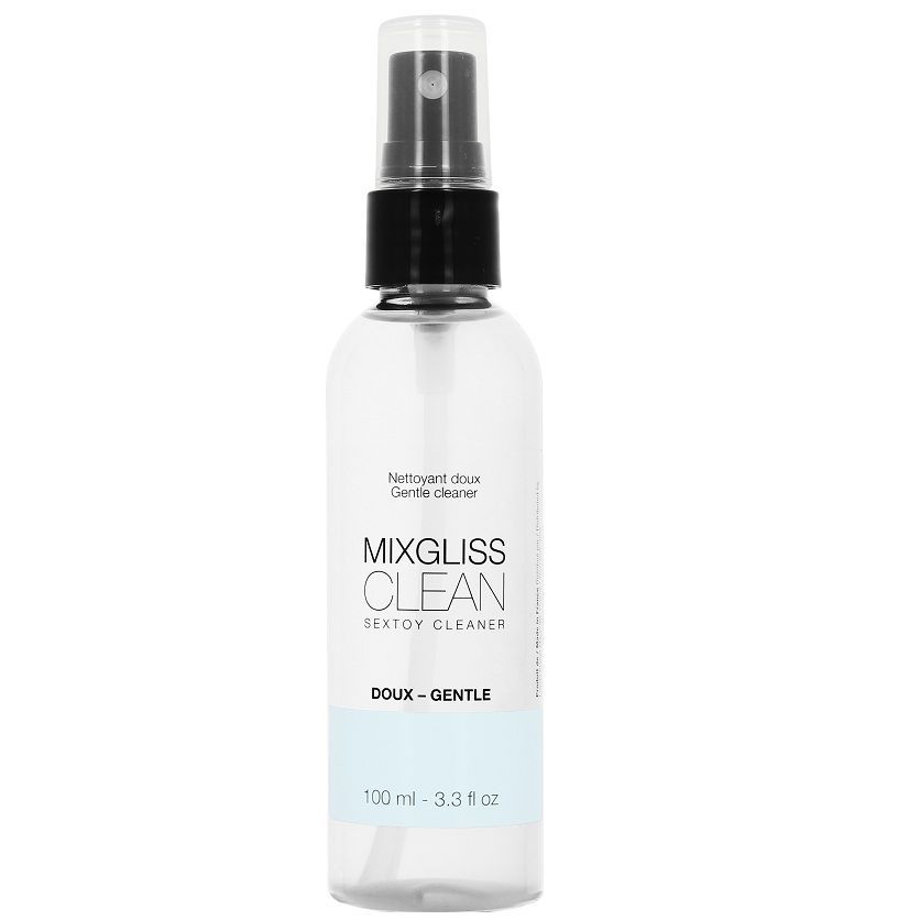 Transparente Sprühflasche mit schwarzem Sprühkopf. Aufschrift: Mixgliss Clean Sextoy Cleaner. Untertitel: Doux - Gentle.