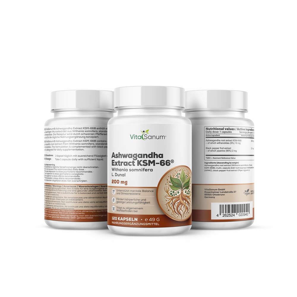 VitaSanum Ashwagandha Extract KSM-66 Kapseln, 120 Stück, 200 mg pro Kapsel.