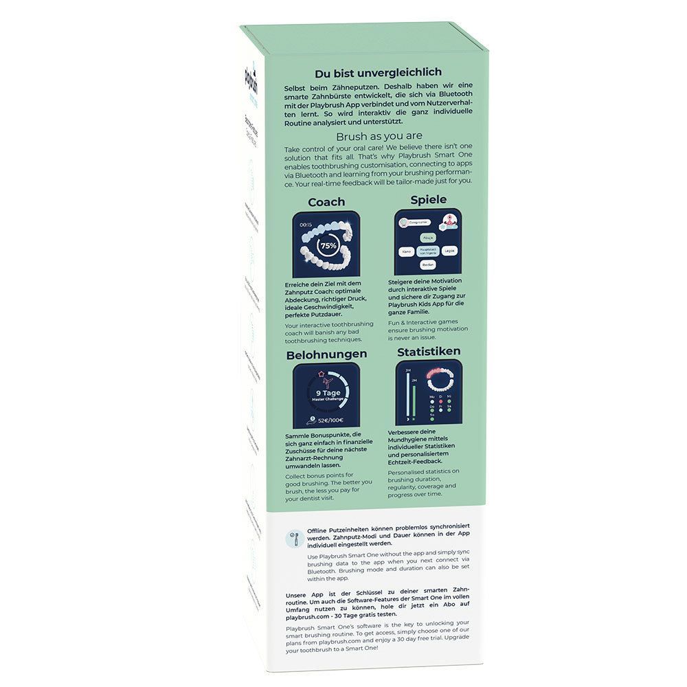 Rückseite der Verpackung. Textabschnitte und Icons. Enthält Informationen über Coach, Spiele, Belohnungen und Statistiken. Text: "Du bist unvergleichlich".
