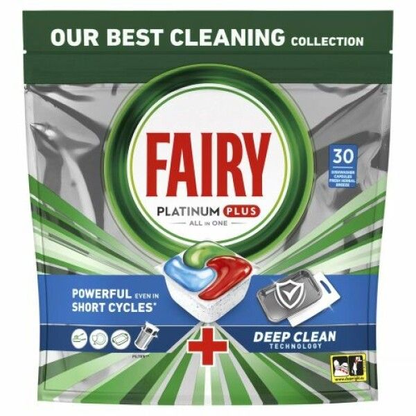 Verpackung mit Spülmaschinentabs. Marke Fairy, Produkt Platinum Plus All in One. Enthält 30 Tabs. Mit "Deep Clean Technology" und "Powerful even in short cycles".