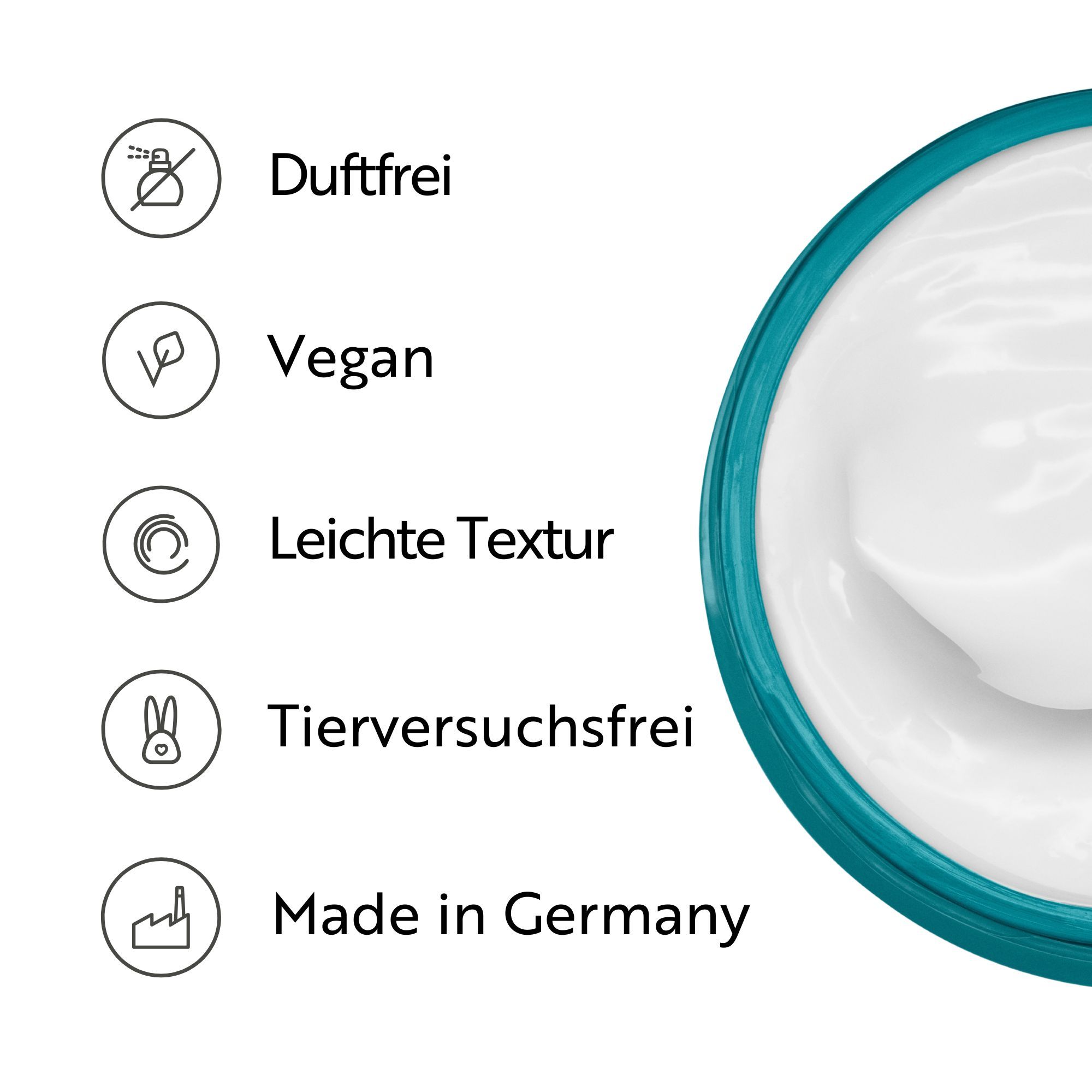 Nahaufnahme des Produkts. Symbole: Duftfrei, Vegan, Leichte Textur, Tierversuchsfrei, Made in Germany. Creme sichtbar.