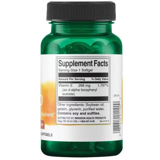 Rückseite der grünen Flasche. Etikett mit "Supplement Facts", "Vitamin E" und Inhaltsangaben. Enthält Soja und Sulfite.
