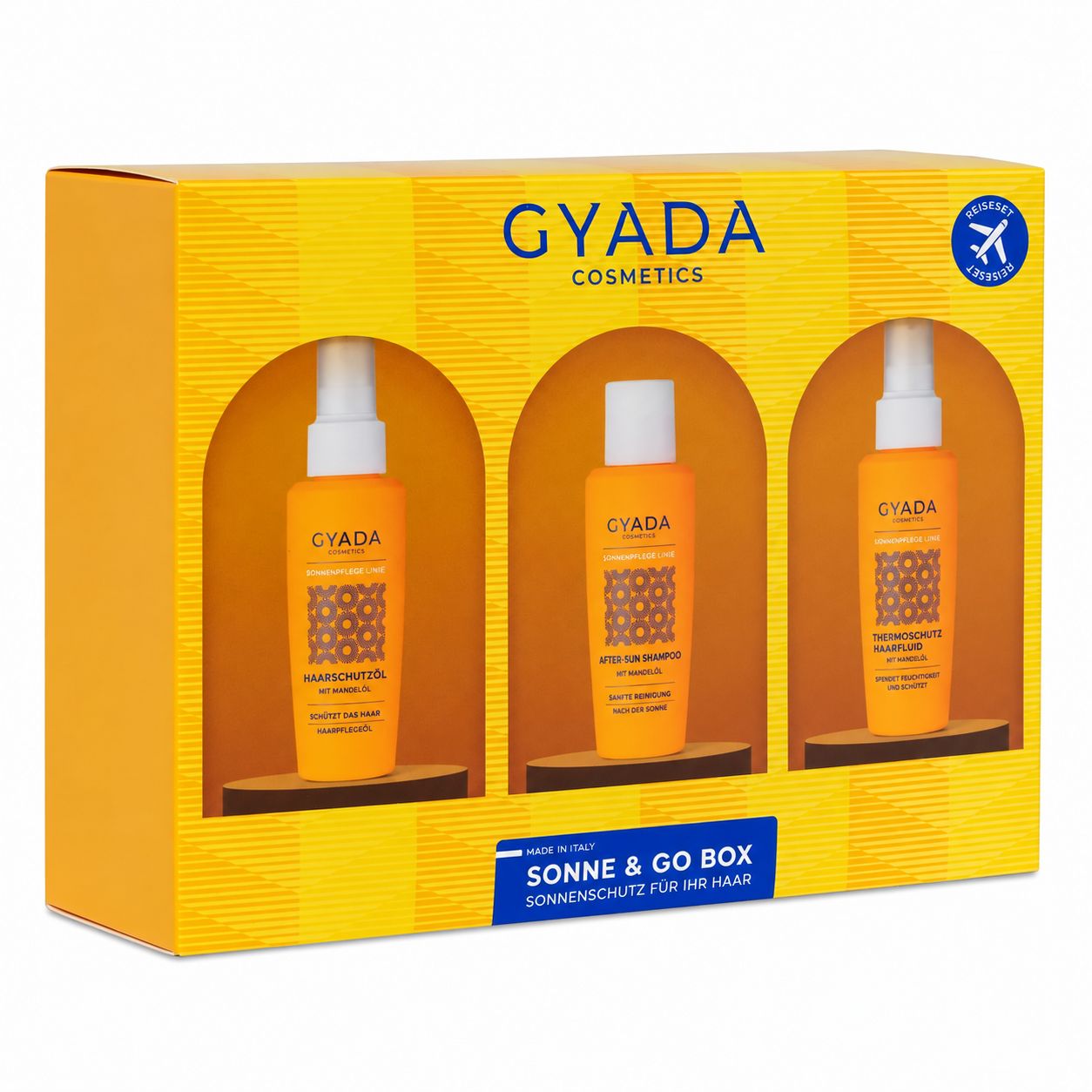 GYADA COSMETICS Sonnenschutz-Box mit drei Haarpflegeprodukten.