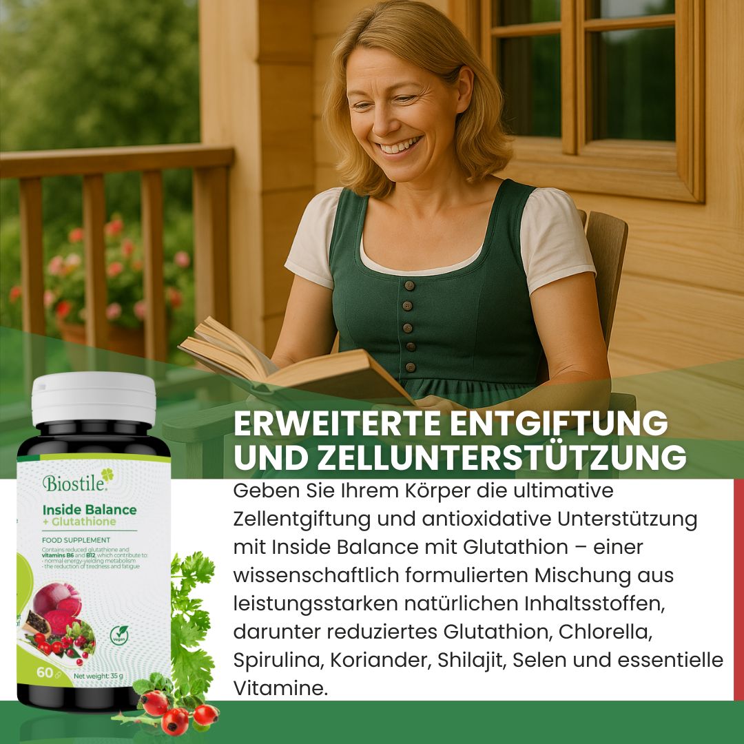 Biostile Inside Balance Glutathione Kapselbehälter mit 60 Kapseln, grüner und weißer Aufdruck, Beeren und Kräuterabbildung.