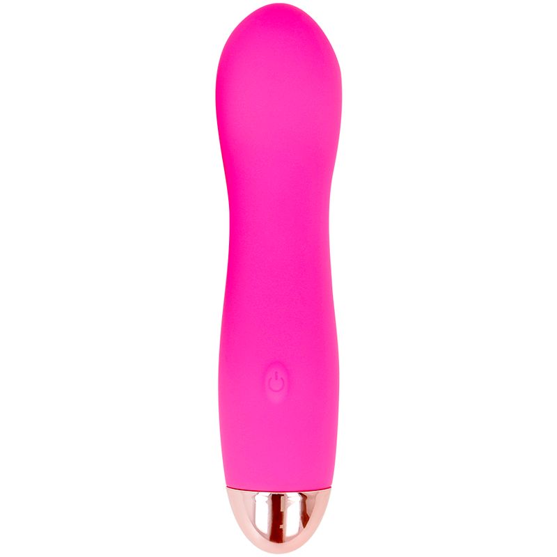 Pinkfarbener Silikon-Vibrator mit goldfarbenem Abschluss. Auf der Oberfläche befindet sich ein Ein-/Ausschalter.