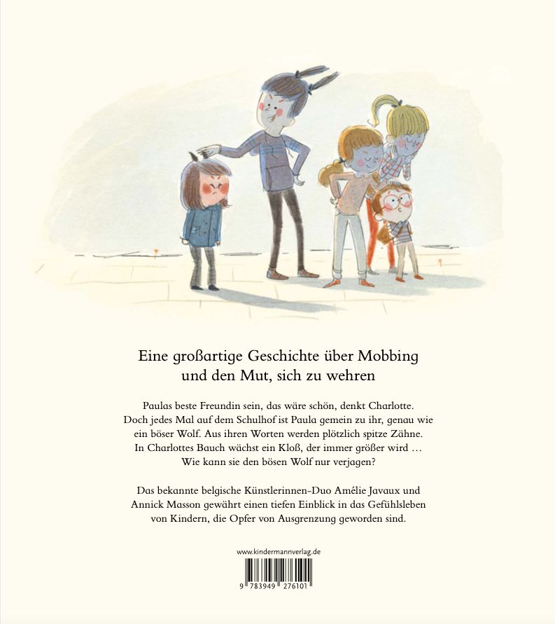 Rückseite des Buches "Der Tag, an dem ich den bösen Wolf verjagte". Text und Illustration von Kindern.