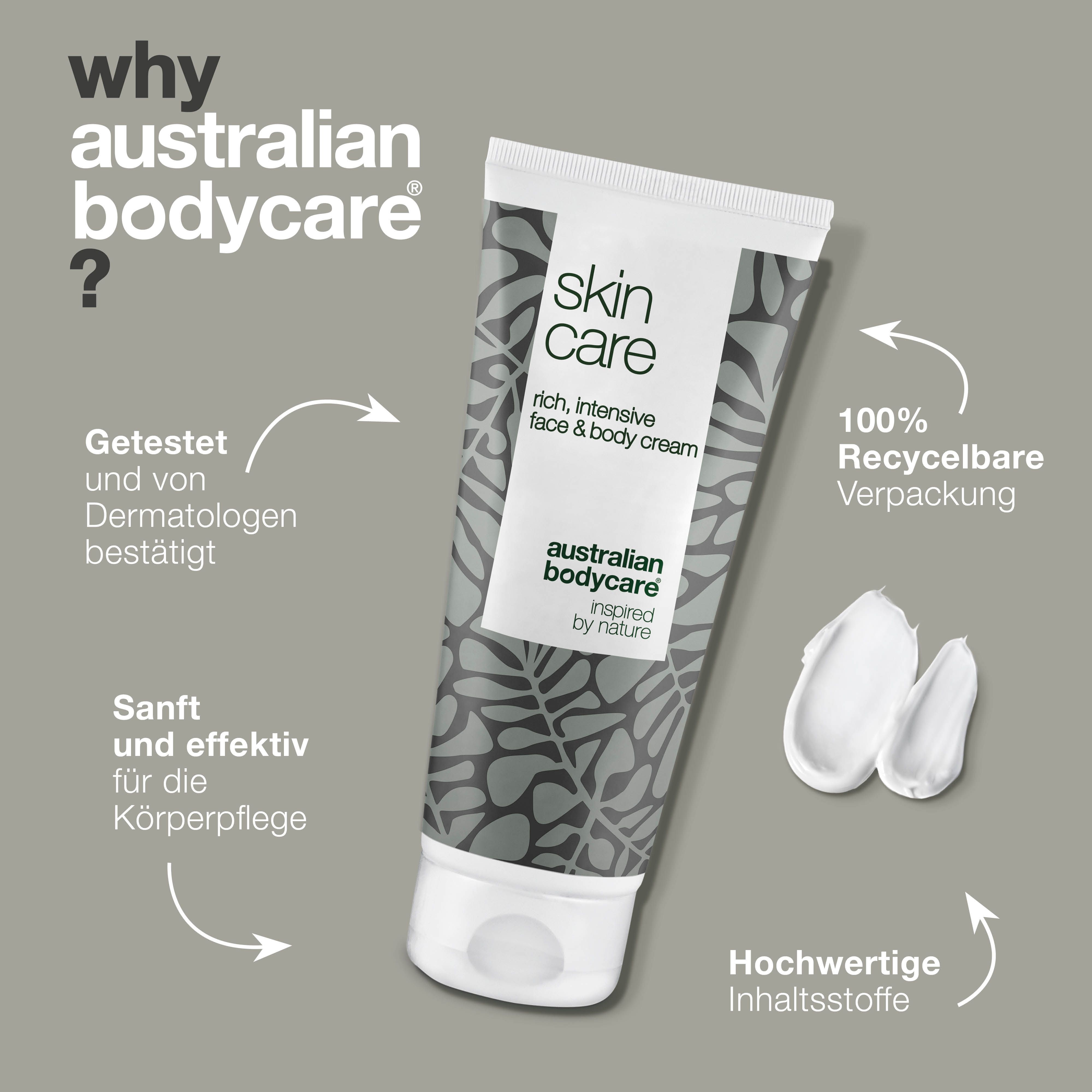 Creme-Tube mit Text und Creme-Klecks. Text: Getestet und von Dermatologen bestätigt. 100% recyclebare Verpackung. Marke: Australian Bodycare.