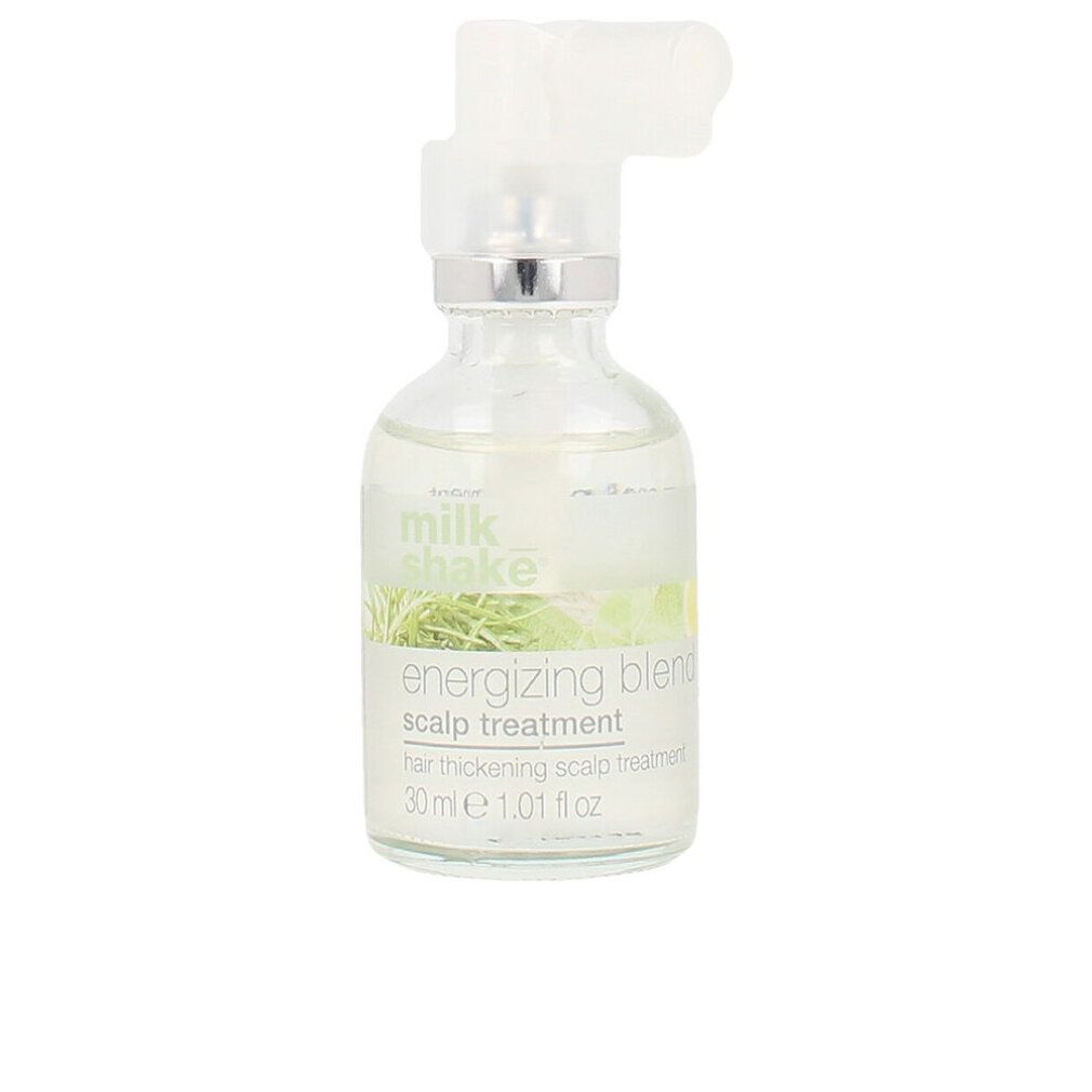 Klare Flasche mit Sprühkopf. Beschriftung: energizing blend scalp treatment. 30ml.