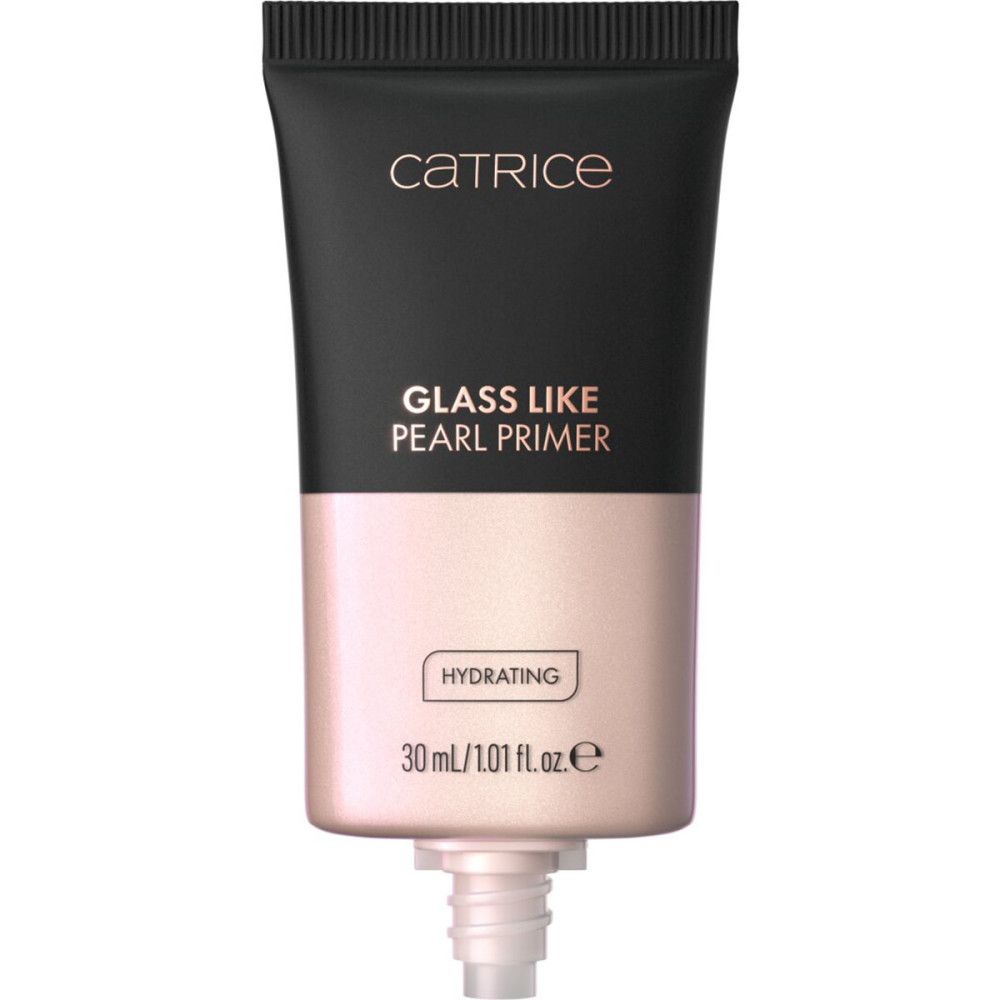 Catrice Glass Like Pearl Primer in Tube. Schwarz-rosa Tube mit Produktnamen und Inhaltsangabe. Hydrating-Label.