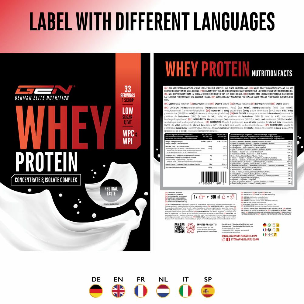 GEN Whey Protein Komplex-Verpackung mit verschiedenen Sprachversionen. Vorder- und Rückseite des Beutels. Flaggen: DE, EN, FR, NL, IT, SP.