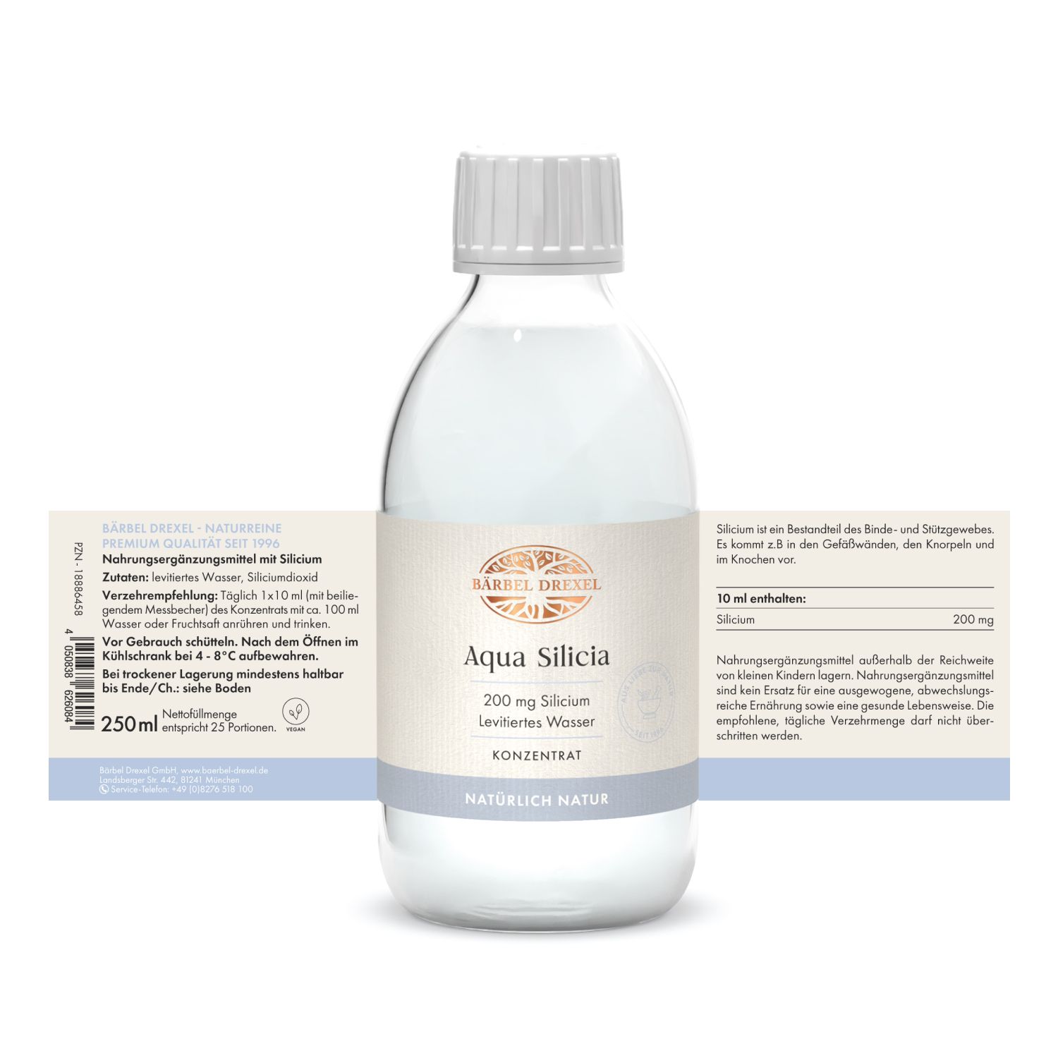 Aqua Silicia Flasche mit Etiketten. Enthält 200 mg Silicium levitiertes Wasser. Aufschrift: Natürlich Natur. 250 ml, 25 Portionen.