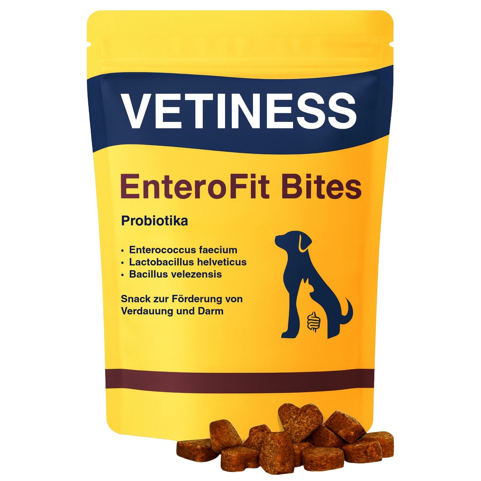 Gelbe Verpackung Vetiness EnteroFit Bites. Braune Bites. Text: Probiotika, Enterococcus faecium, Lactobacillus helveticus, Bacillus velezensis. Snack zur Förderung von Verdauung und Darm.