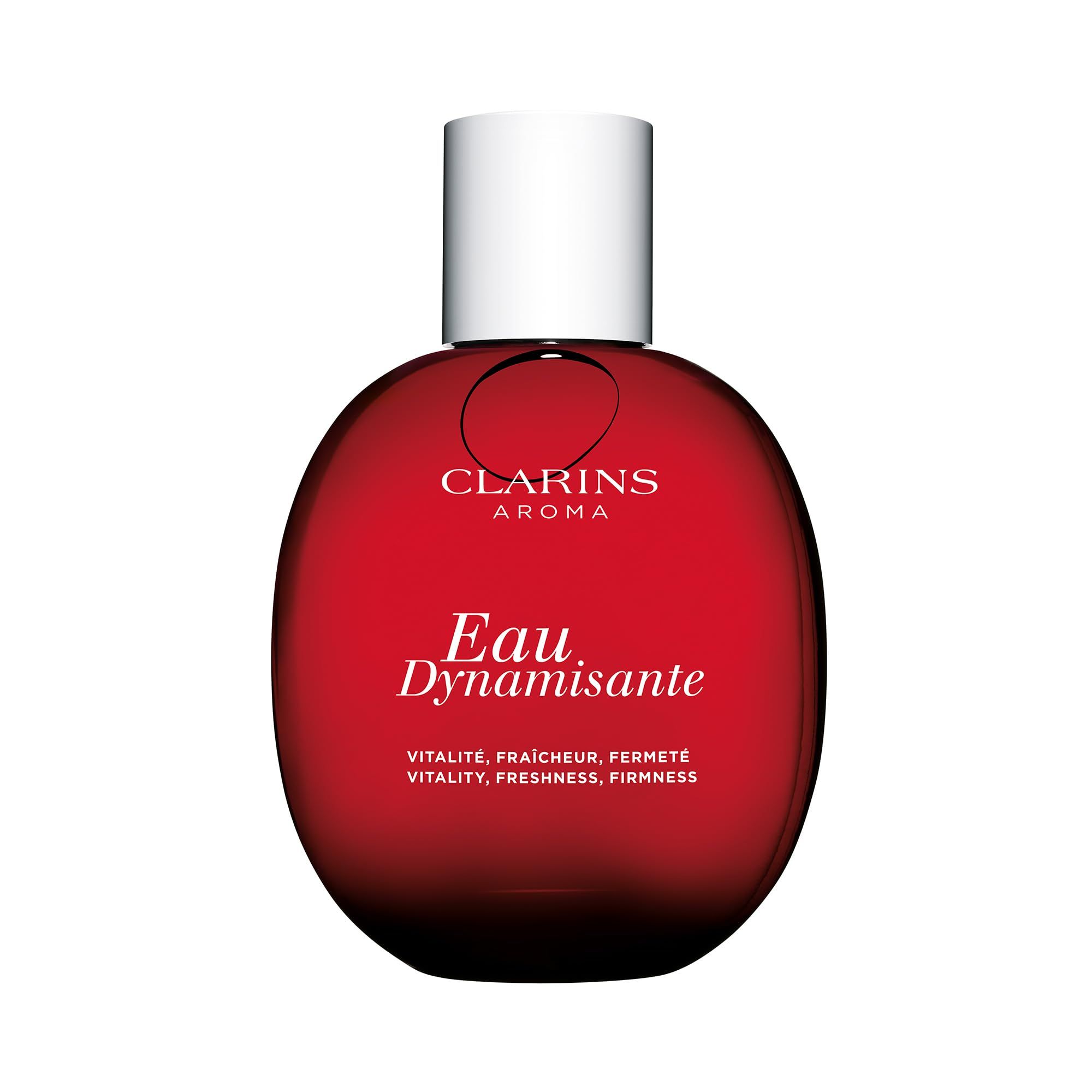 Runde, rote Flasche mit weißem Verschluss. Aufschrift: Clarins Aroma, Eau Dynamisante.