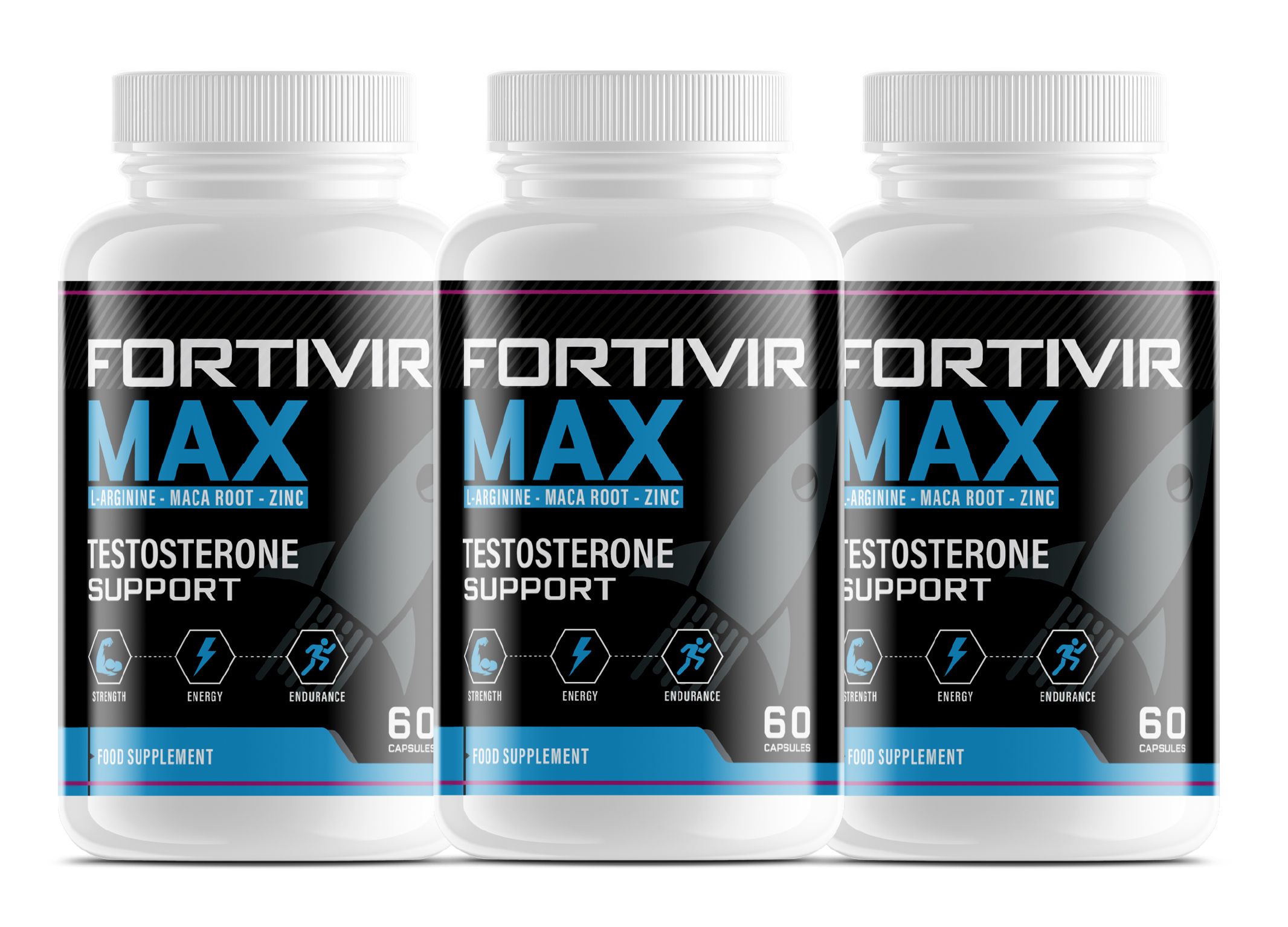 Drei weiße Flaschen Fortivir Max, Testosteron-Unterstützung, 60 Kapseln.