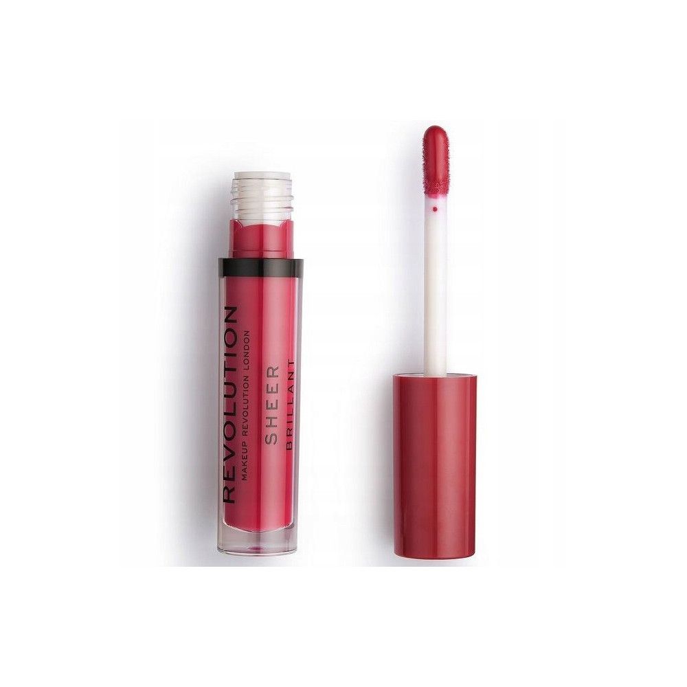 Lipgloss-Fläschchen und Applikator. Durchsichtige, zylindrische Flasche mit rotem Inhalt. Roter Deckel und Applikator. Aufschrift: REVOLUTION SHEER BRILLIANT.