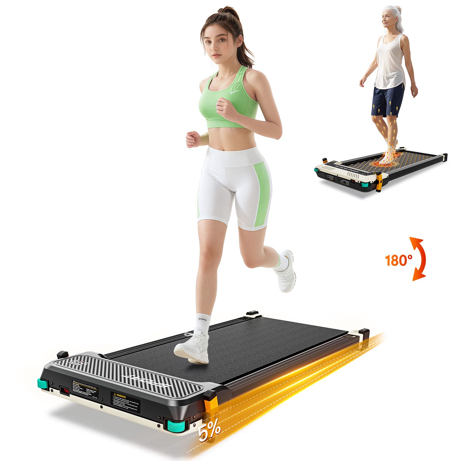 Schwarzes, flaches Laufband mit Person, die darauf läuft. Zweites Laufband im Hintergrund mit Person, die darauf steht. Grün-schwarze Details.