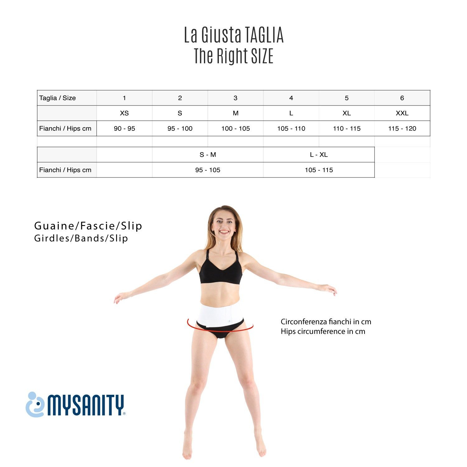Größentabelle mit einer Frau, die ein weißes Bauchband trägt. Text: La Giusta TAGLIA, The Right SIZE, MYSANITY Logo.