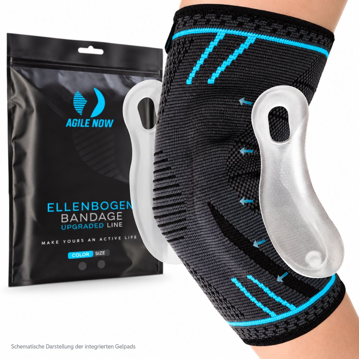 Elastische Ellenbogenbandage mit integrierten Gelpads und atmungsaktivem Material.