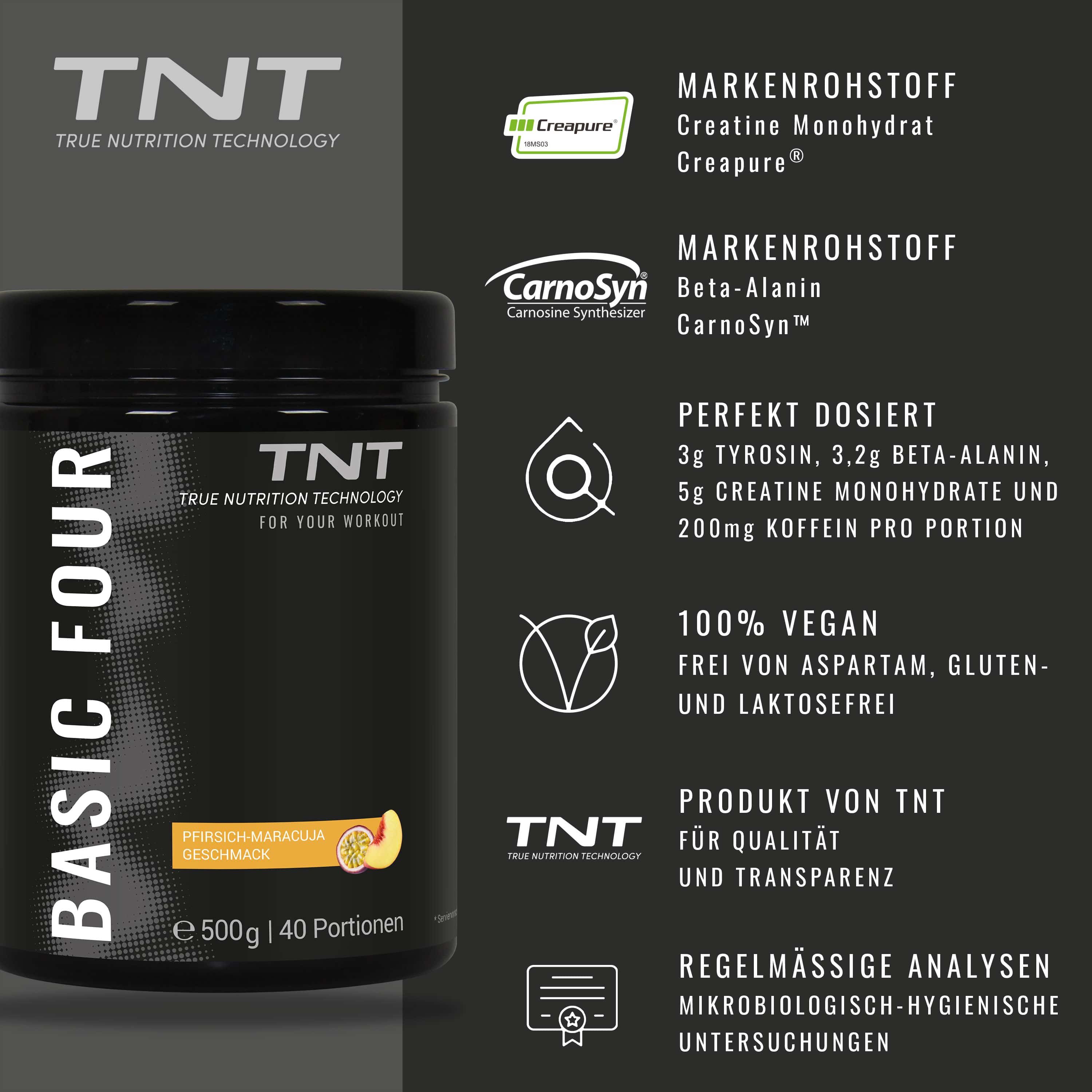 TNT Basic Four Dose mit Logos und Text. Aufschrift: Pfirsich-Maracuja Geschmack. 500g, 40 Portionen.