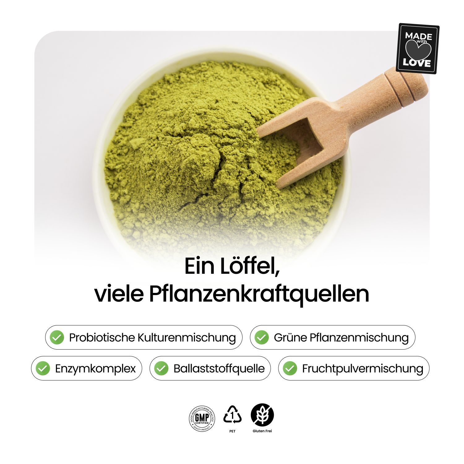 Weiße Schüssel mit grünem Pulver und Holzlöffel. Text: Ein Löffel, viele Pflanzenkraftquellen. Symbole.