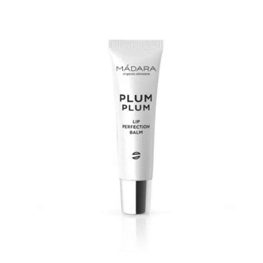 Weißer Lippenbalsam-Tube mit silbernem Verschluss. Aufschrift: MÁDARA, PLUM PLUM, LIP PERFECTION BALM.