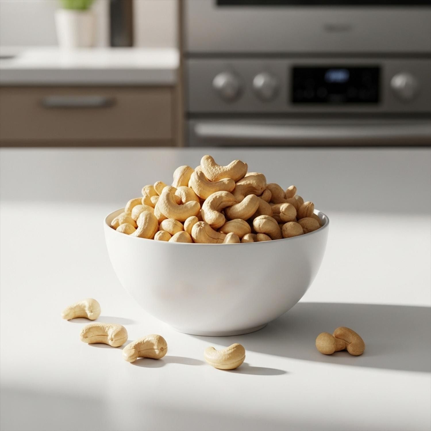 Eine Schüssel mit Cashewkernen auf einer Küchentheke.