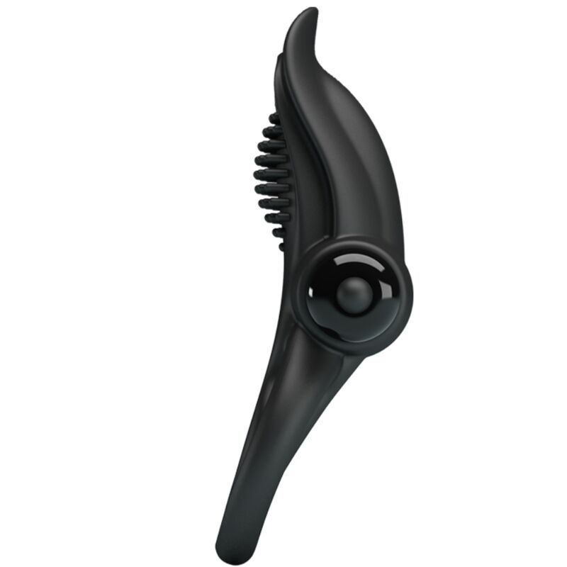 Schwarzer Penisring mit einem Stimulationsaufsatz. Der Ring ist gebogen.