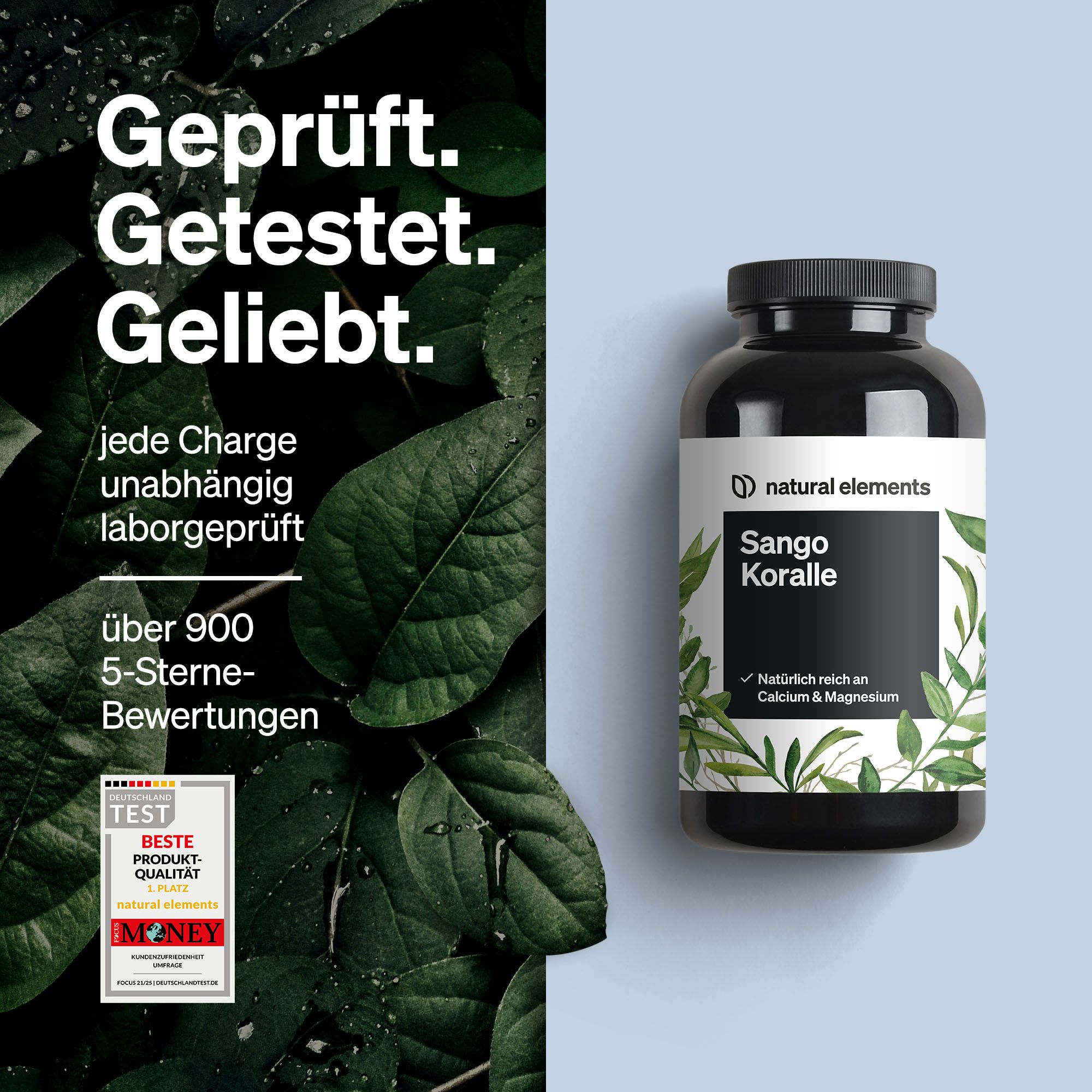 Schwarze Flasche mit Etikett. Text: Geprüft. Getestet. Geliebt. Marke: natural elements. Qualitätszeichen.