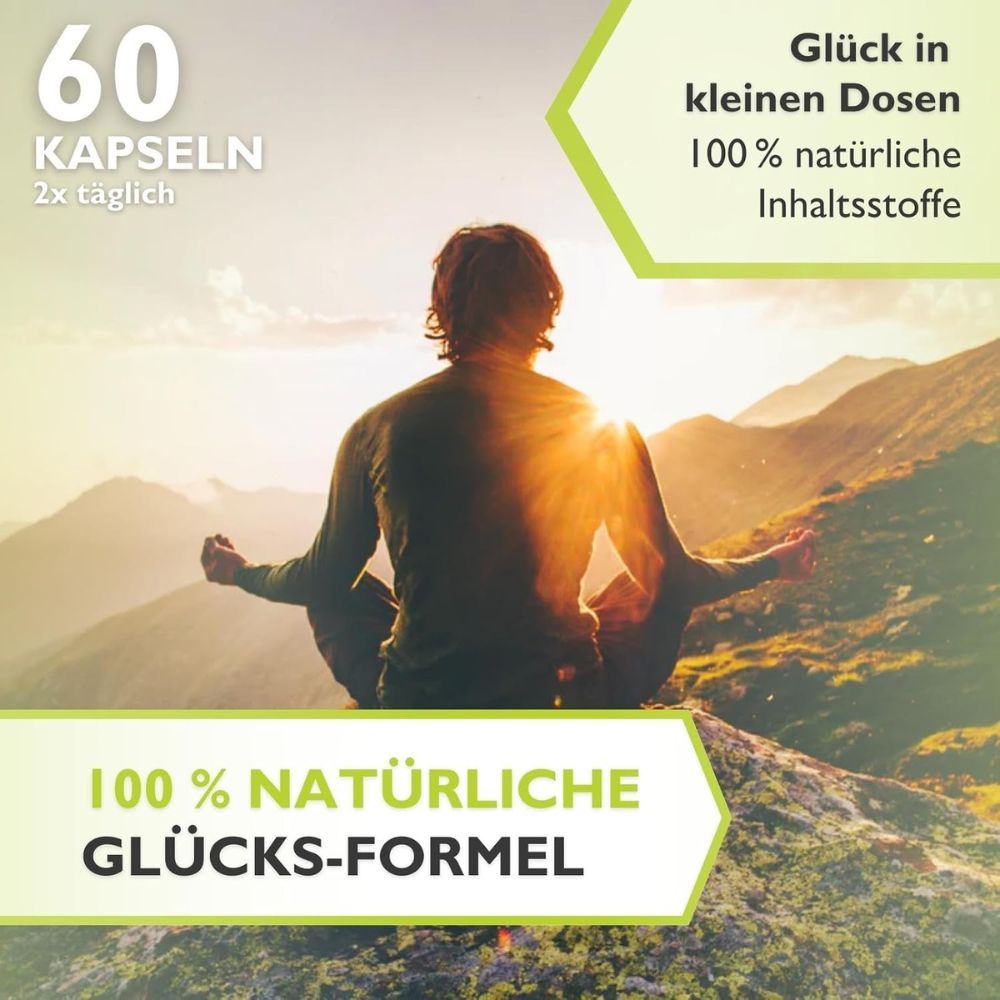 Mann sitzt in der Natur. Text: 60 Kapseln, Glück in kleinen Dosen, 100% natürliche Inhaltsstoffe, 100% natürliche Glücks-Formel.