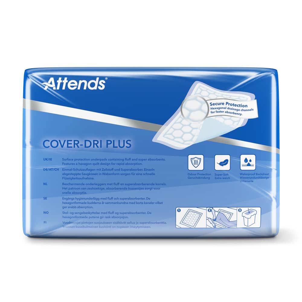 Blau verpackte Attends Cover-Dri Plus Unterlagen. Größe 40x60 cm. Produktname und Logo. Mit Piktogrammen.