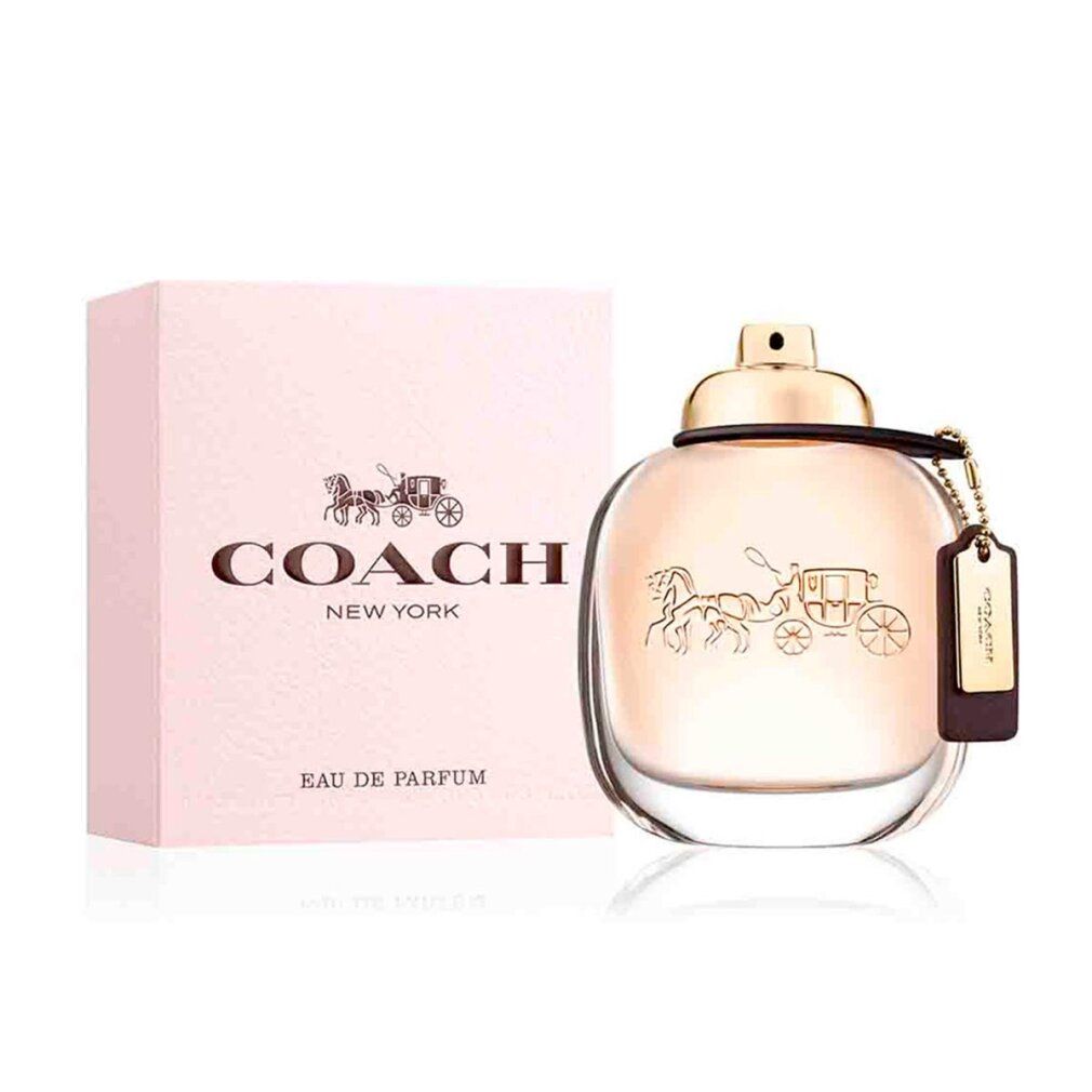 Coach New York Eau de Parfum Flakon. Rund, goldfarbener Verschluss, Anhänger. Logo und Kutsche.