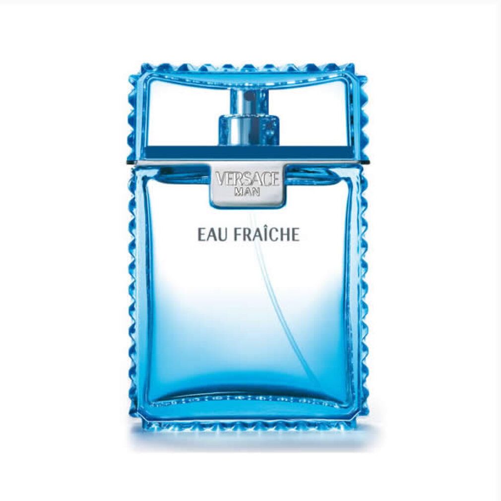 Hellblaues Parfümflakon mit silbernem Verschluss. Aufschrift: Versace Man Eau Fraiche.