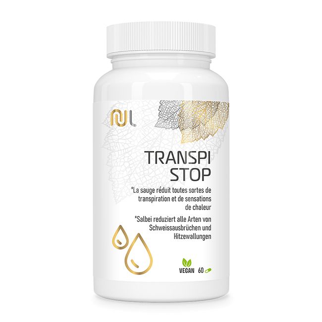 Weiße Flasche mit Kapseln. Aufschrift: TRANSPI STOP. Vegan-Siegel. Goldene Tropfen-Illustration.