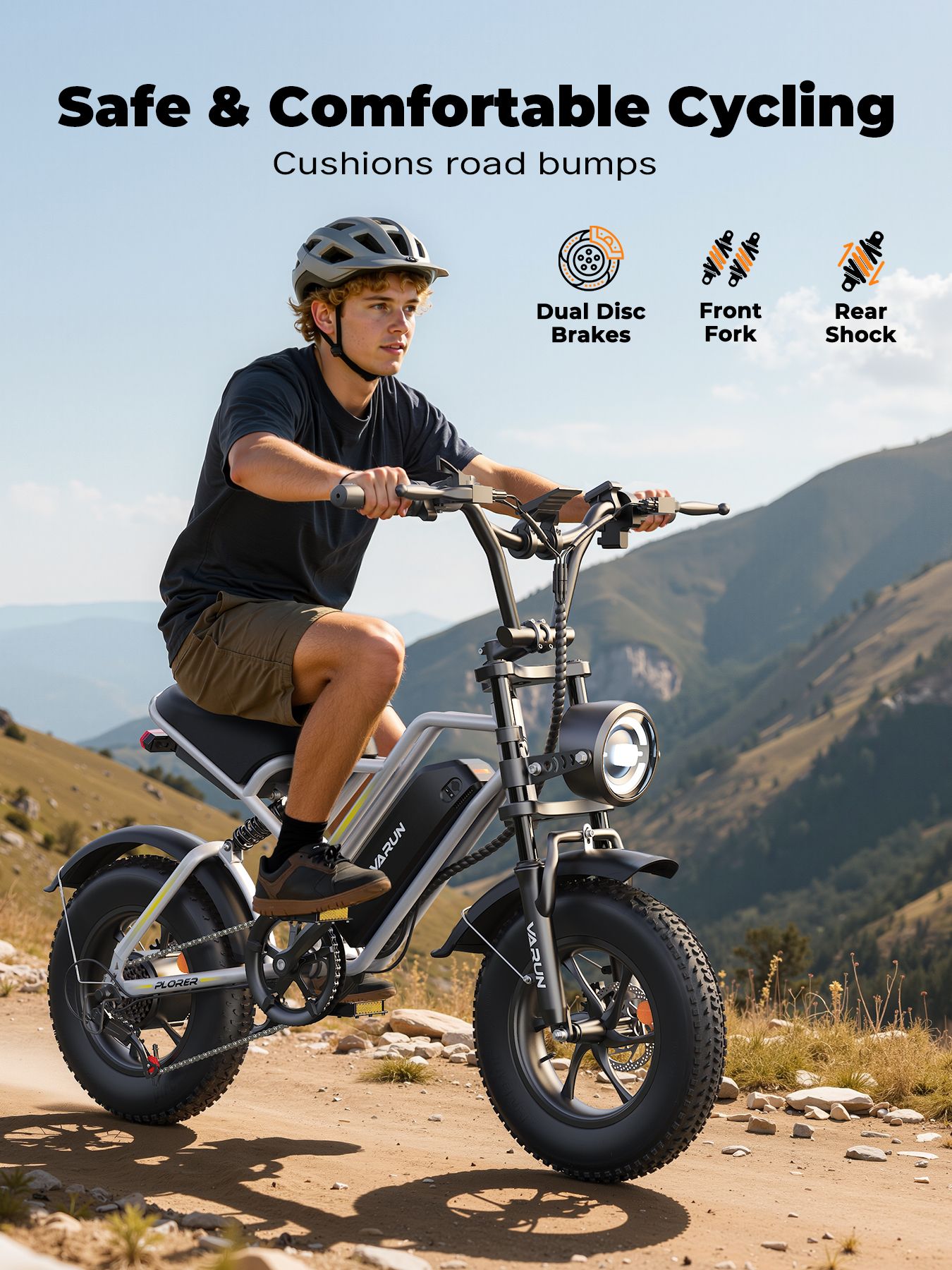 Person fährt auf einem Elektrofahrrad. Text: Safe & Comfortable Cycling, Dual Disc Brakes, Front Fork, Rear Shock.