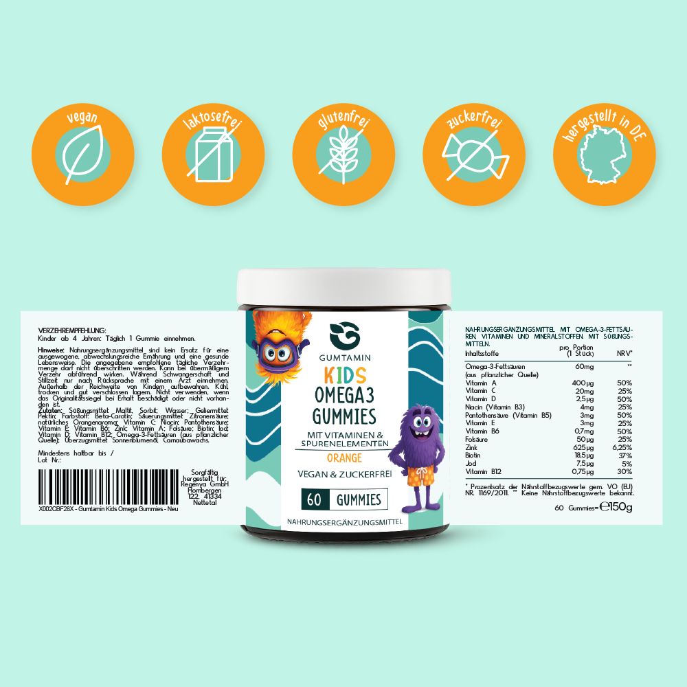 Dose Gumtamin Kids Omega 3 Gummies mit Etikett. Aufschrift: Vegan, laktosefrei, glutenfrei, zuckerfrei, hergestellt in DE.