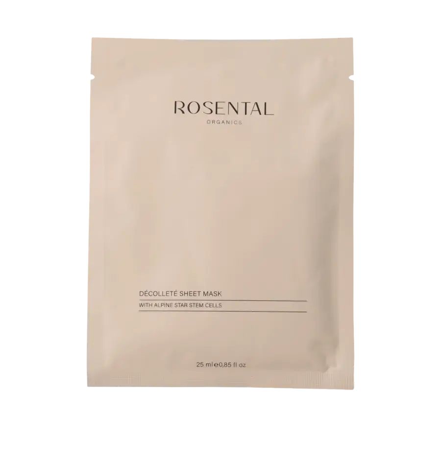 Beige Verpackung mit Produktnamen und Schriftzug. Text: Décolleté Sheet Mask, mit Alpine Star Stem Cells. Volumen: 25 ml/0.85 fl oz.