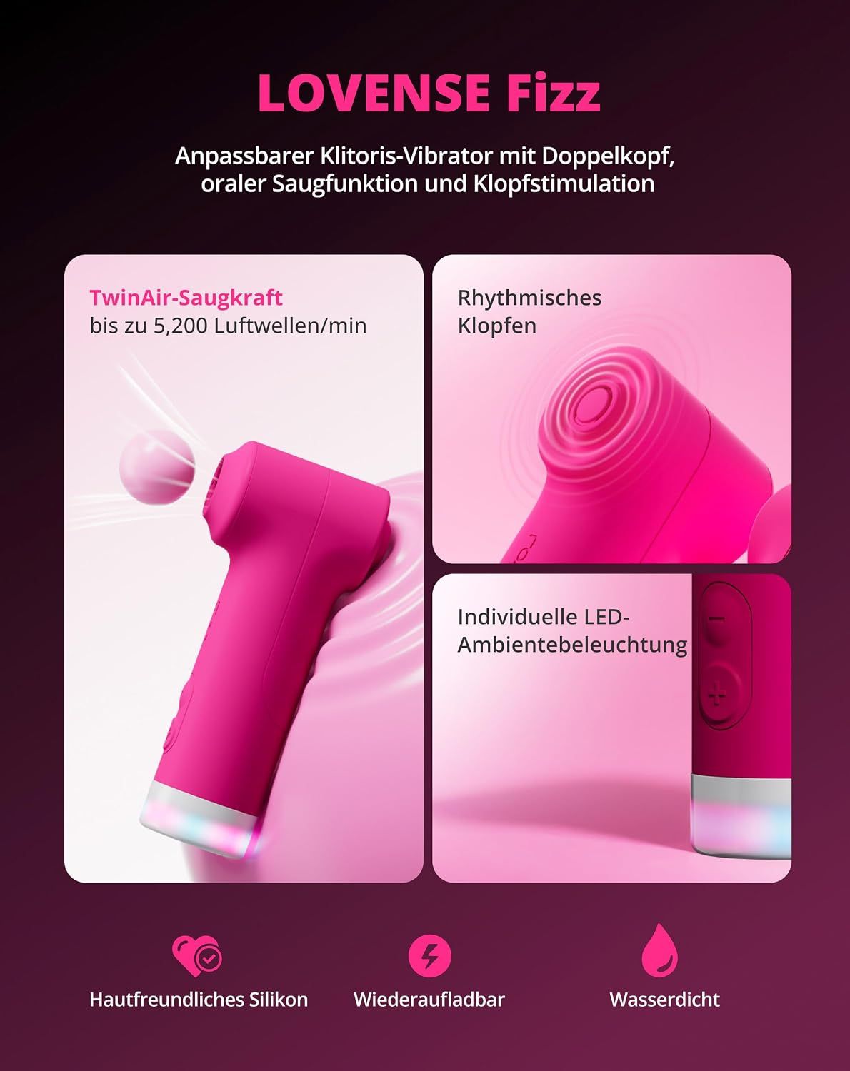 Pinker Klit-Stimulator mit Doppelkopf, Saugfunktion und Klopfstimulation. Hautfreundliches Silikon.