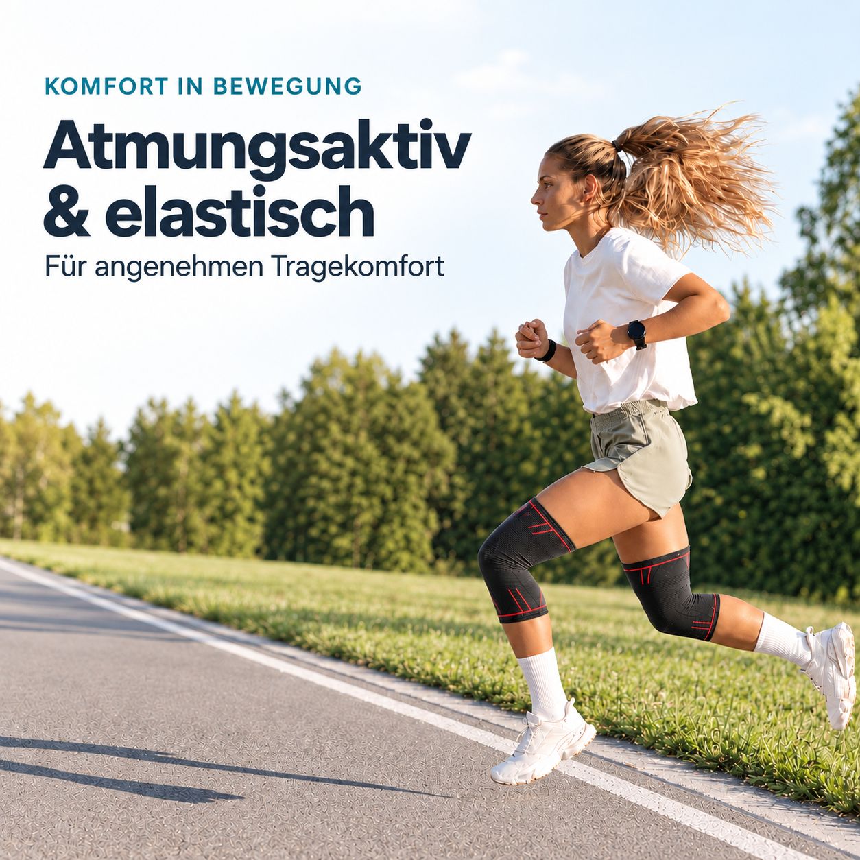 Läuferin mit Kniebandagen auf einer Laufstrecke, atmungsaktiv und elastisch für Komfort.