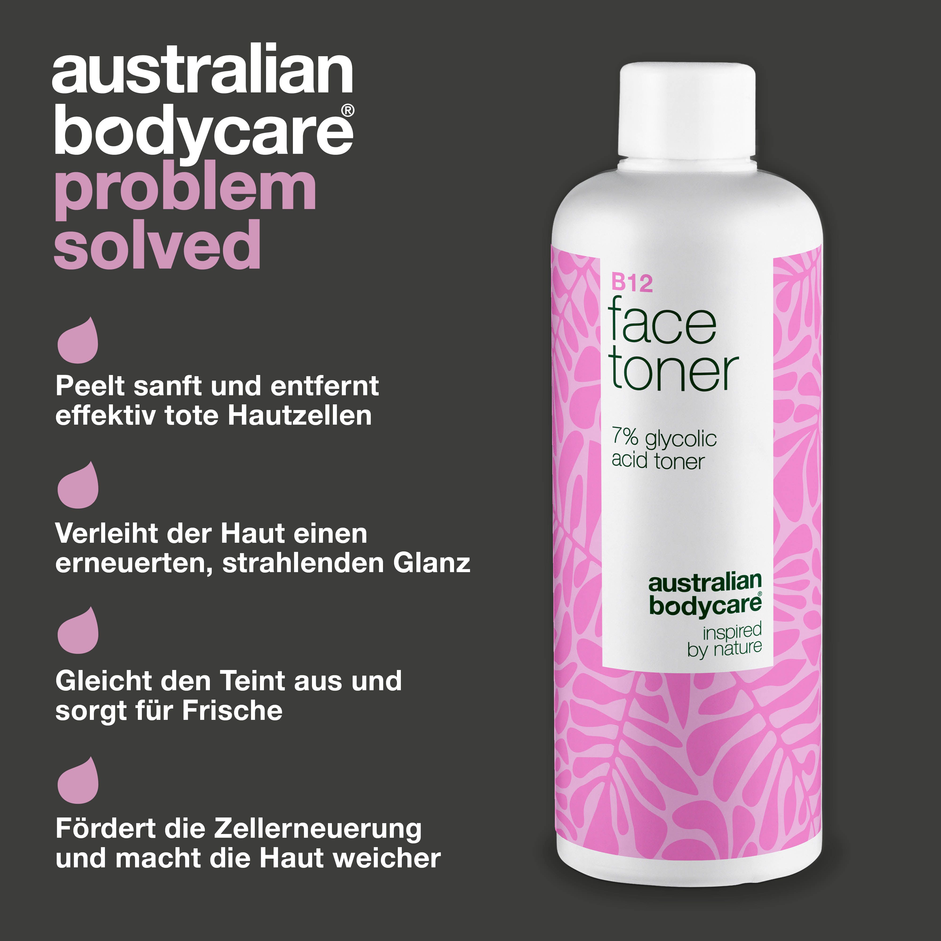 Produktflasche mit Text. Text: 'Problem solved'. Gesichtswasser mit B12 und 7% Glykolsäure. Marke: Australian Bodycare.