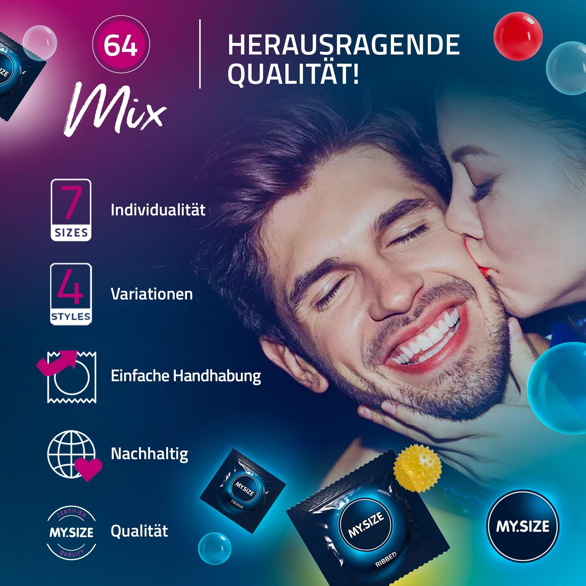 MY.SIZE Kondompackungen im Detail: 7 Größen, 4 Stile, einfache Handhabung, nachhaltig.
