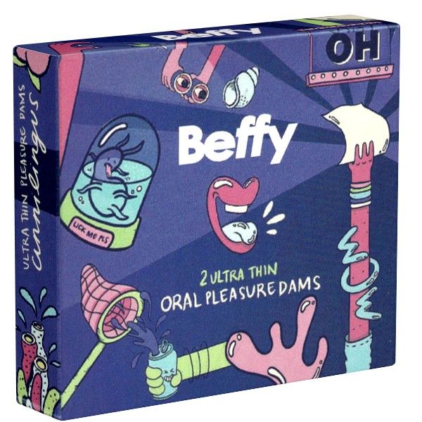 Beffy-Verpackung mit Illustrationen und Text. Enthält zwei Ultra Thin Oral Pleasure Dams.
