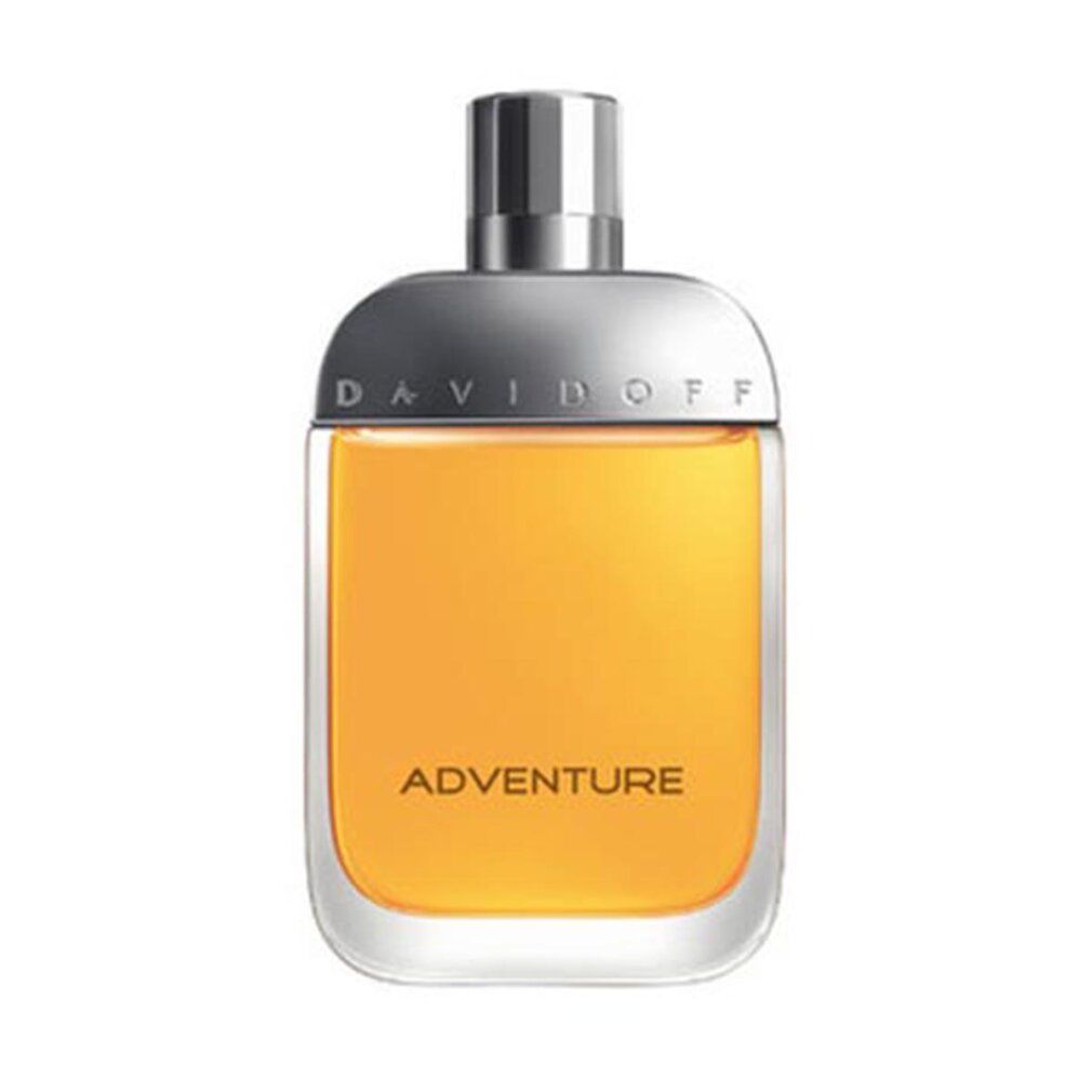 Parfümflakon mit silberner Kappe und gelber Flüssigkeit. Aufschrift 'ADVENTURE' auf dem Flakon.