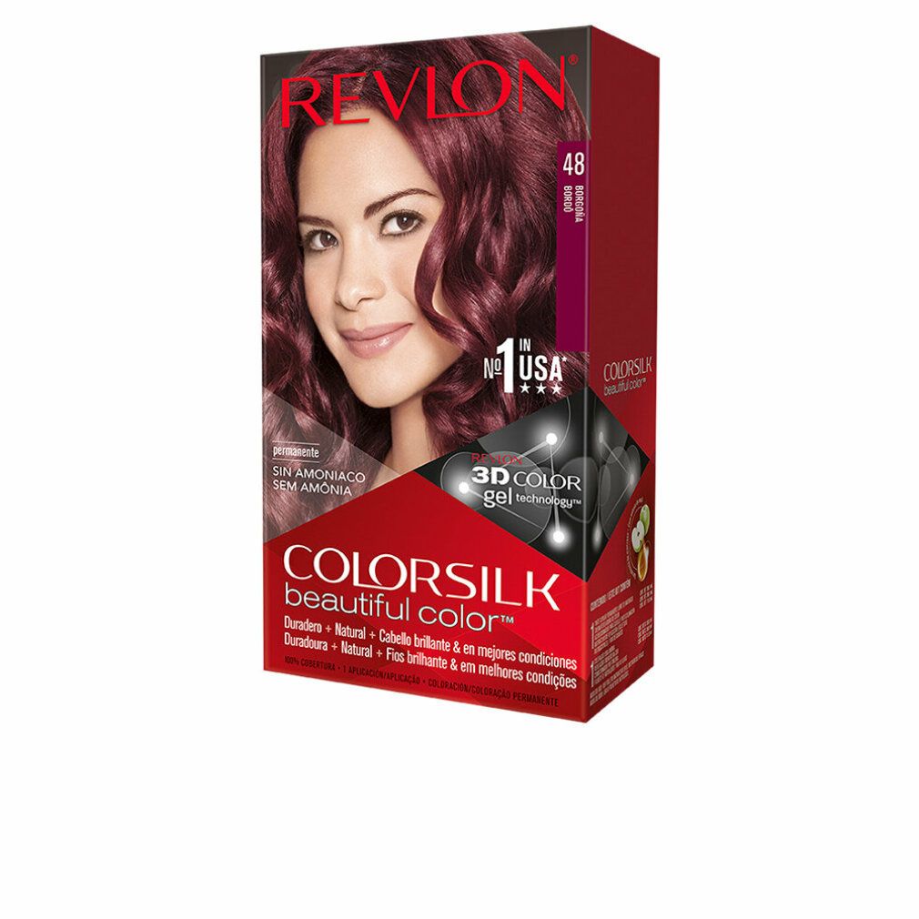 Revlon Colorsilk Box. Frau mit burgunderfarbenem Haar. Enthält: Ohne Ammoniak, 3D Color Technologie, Nr. 1 in USA.